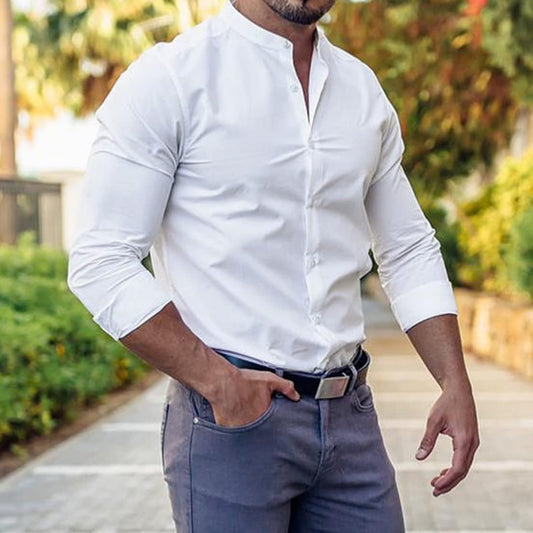 Long Sleeve Shirt Men Casual Button Down Slim Tops Solid Color Casual Mens Clothing - J Micheal