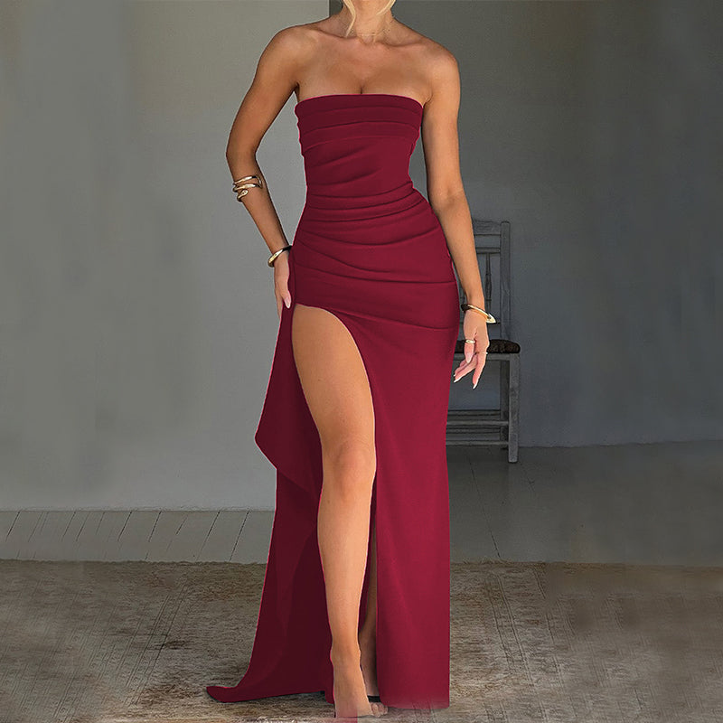 Strapless Split Long Dress Summer Fashion Pleated Bridesmaid Dress For Womens Party Wedding Clothing - J Micheal