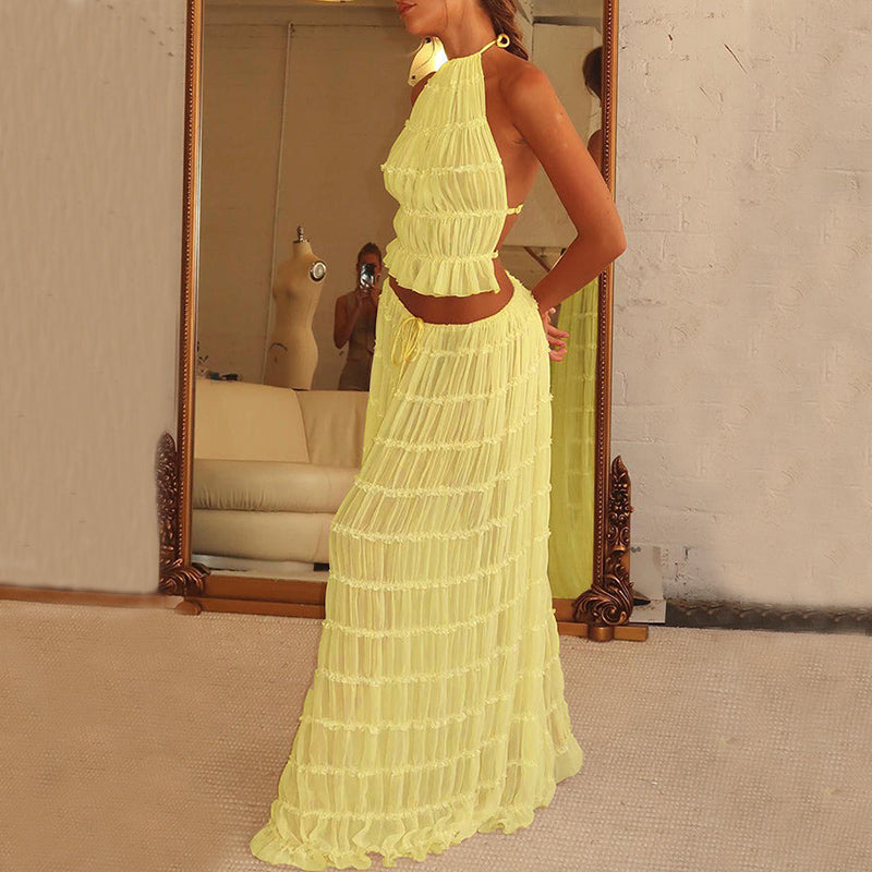 2pcs Women's Dress Suit Sexy Sleeveless Backless Cropped Halter Top And Pleated Long Dress - J Micheal