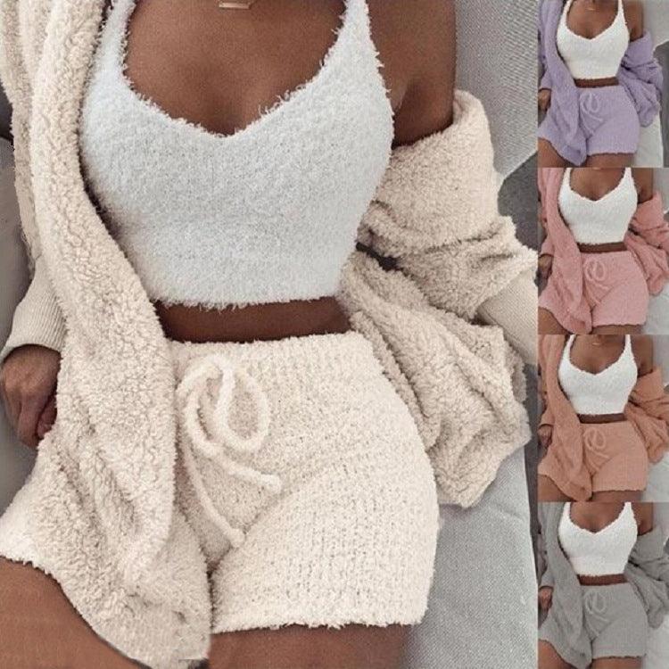 3pcs Womens Clothing Long Sleeve Crop Tank Top And Drawstring Shorts Pajama Set - J Micheal