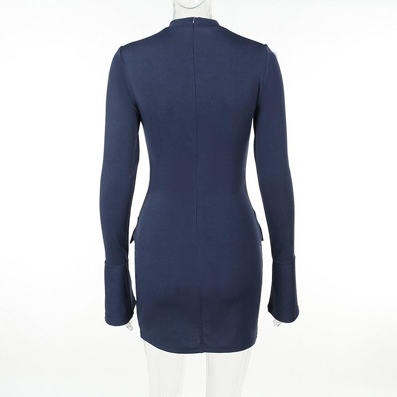 Fashion Long Sleeve Dress With Two Pockets Slim Bodycon Hip Short Dress For Women - J Micheal