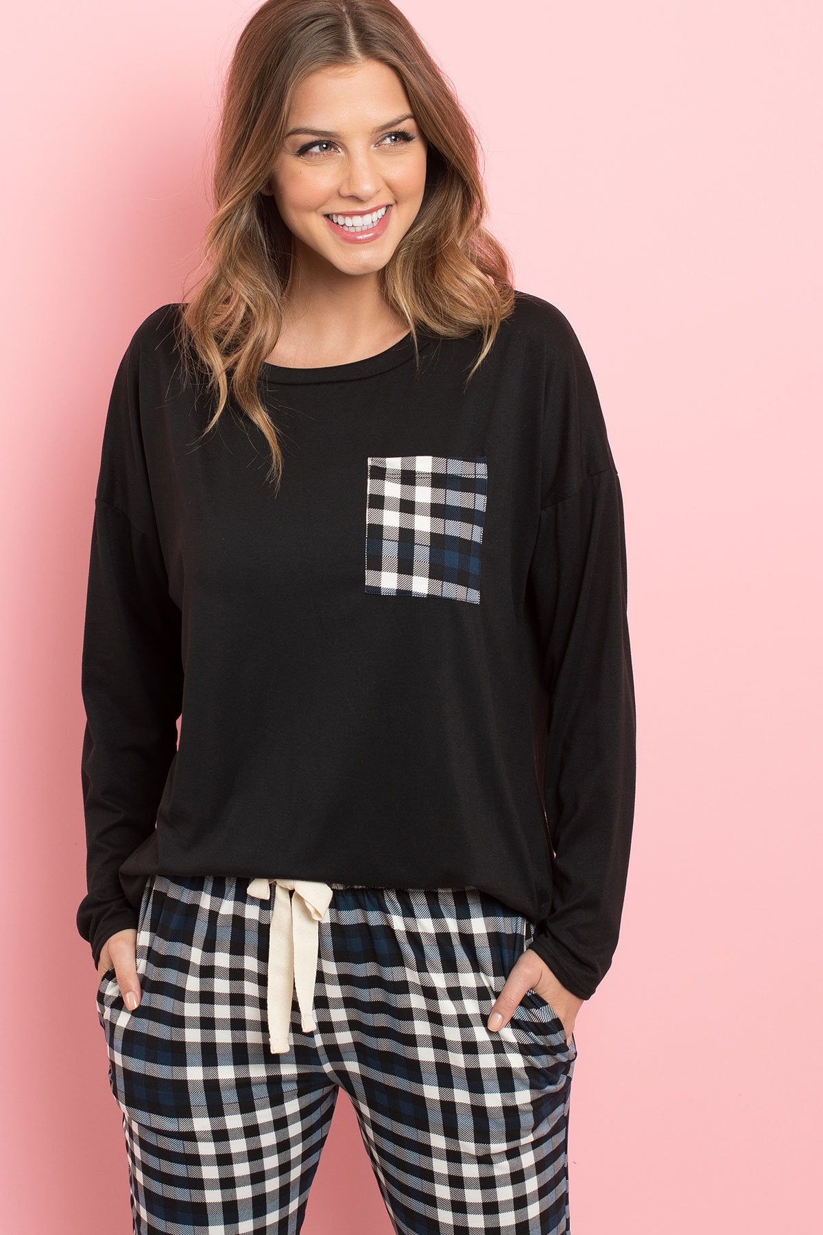 Solid Top Plaid Pocket and Joggers Set With Self Tie - J Micheal