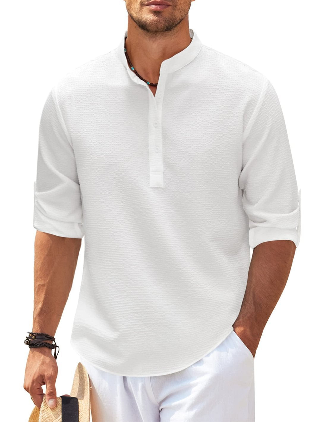 Men's Casual Shirt Long Sleeve Stand Collar Solid Color Shirt Mens Clothing - J Micheal
