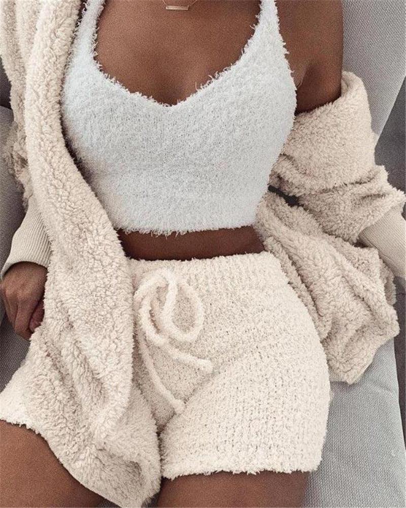 3pcs Womens Clothing Long Sleeve Crop Tank Top And Drawstring Shorts Pajama Set - J Micheal