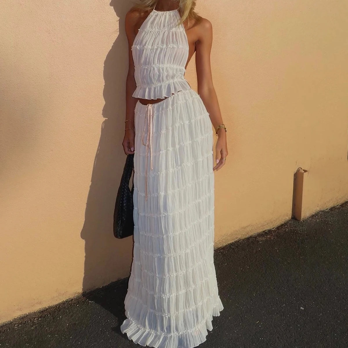 2pcs Women's Dress Suit Sexy Sleeveless Backless Cropped Halter Top And Pleated Long Dress - J Micheal
