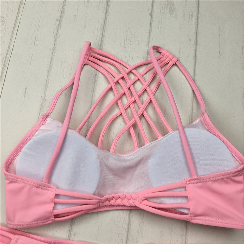 cut out Bikinis Sexy pink bandage cut out Halter bikini swimsuit women cross Women's swimwear swimming suit - J Micheal