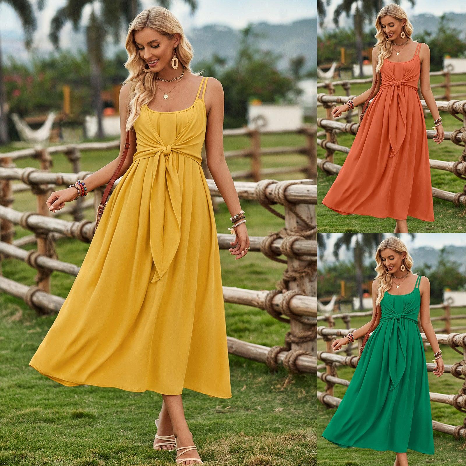Solid Color Suspender Long Dress Spring And Summer Bow Waist Tie Design Dress Womens Clothing - J Micheal
