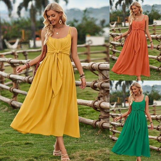 Solid Color Suspender Long Dress Spring And Summer Bow Waist Tie Design Dress Womens Clothing - J Micheal