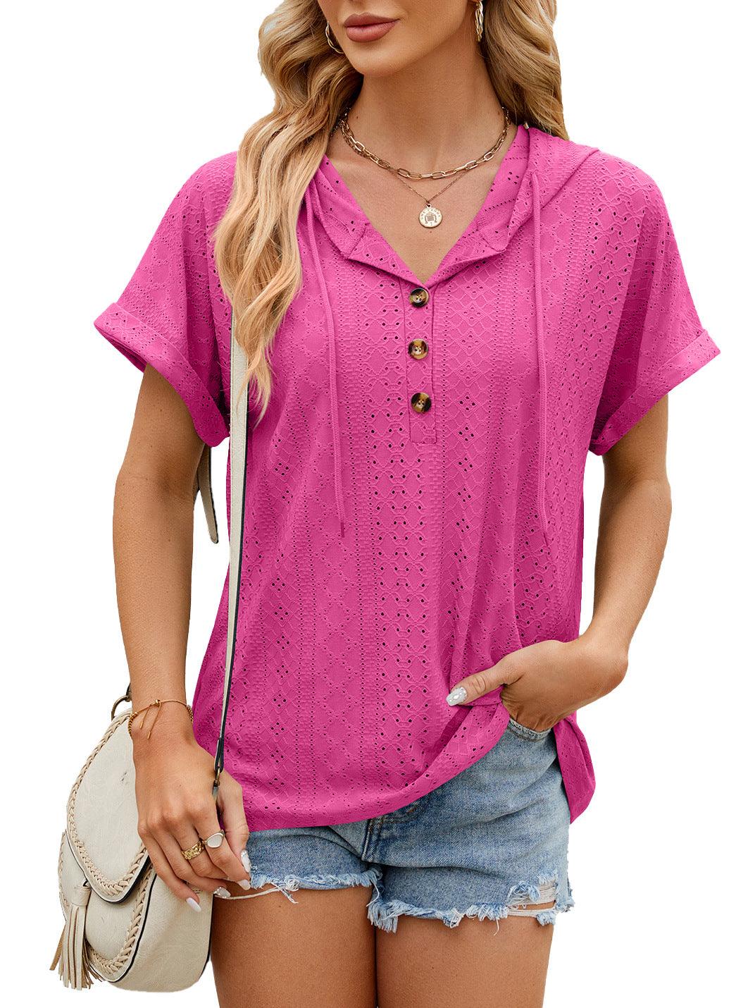 New Solid Color Hooded Button T-shirt Loose Hollow Design Short-sleeved Top For Womens Clothing - J Micheal