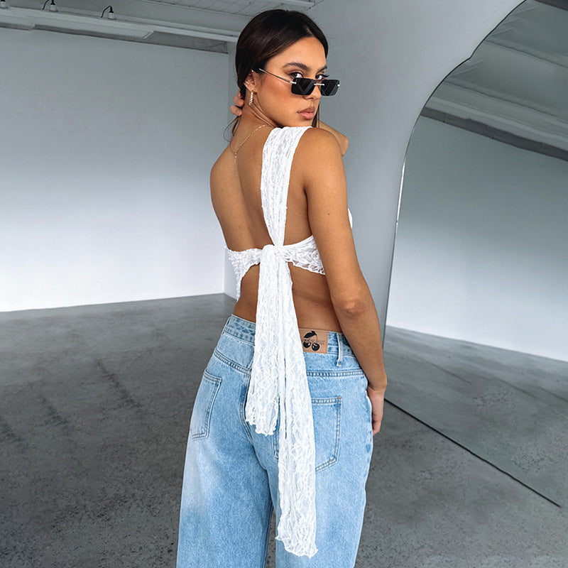 Lace Backless Top Summer Solid Color Waistless Asymmetrical Sloped Neck Vest Streetwear Womens Clothes - J Micheal