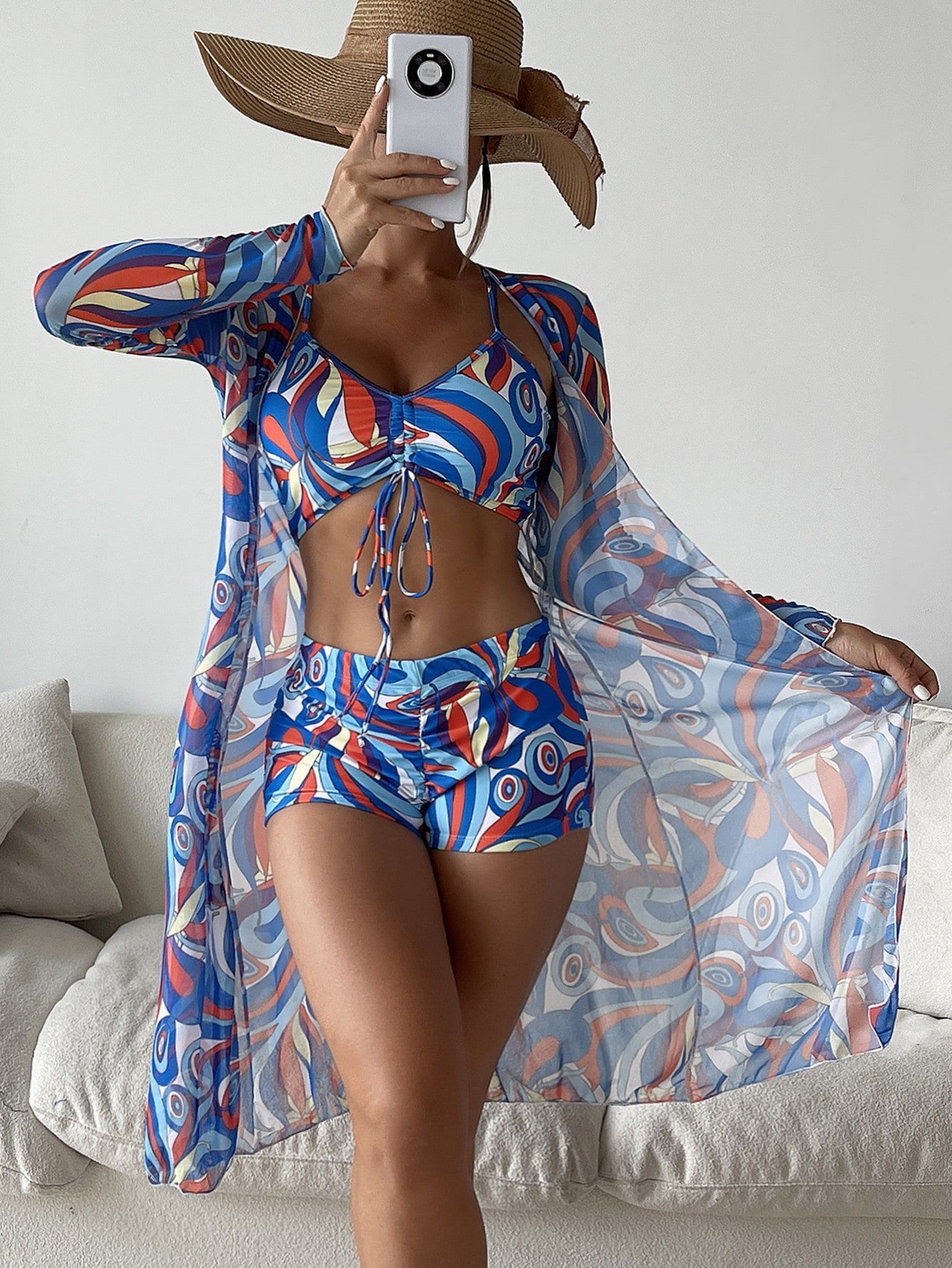 3pcs Pring Bikini With Long Sleeve Cardigan Fashion Summer Beach Swimsuit Women - J Micheal