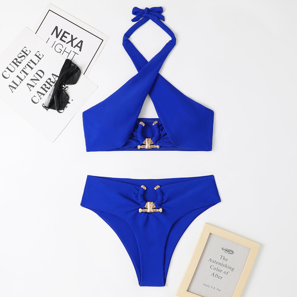 Women's Fashion Split High Waist Briefs Cross-halterneck Swimsuit - J Micheal