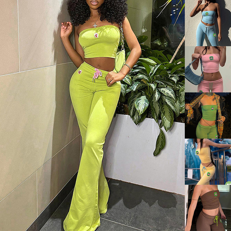 Fashion Summer Suit Embroidery Tube Top And High Waist Drawstring Bell-bottomed Pants Two-piece Set Womens Clothing - J Micheal
