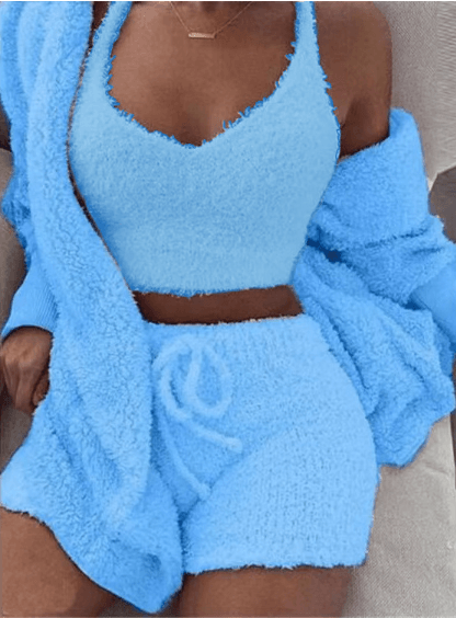 3pcs Womens Clothing Long Sleeve Crop Tank Top And Drawstring Shorts Pajama Set - J Micheal