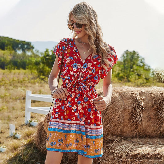 Spring Clothes V-neck Printing Dress Women - J Micheal