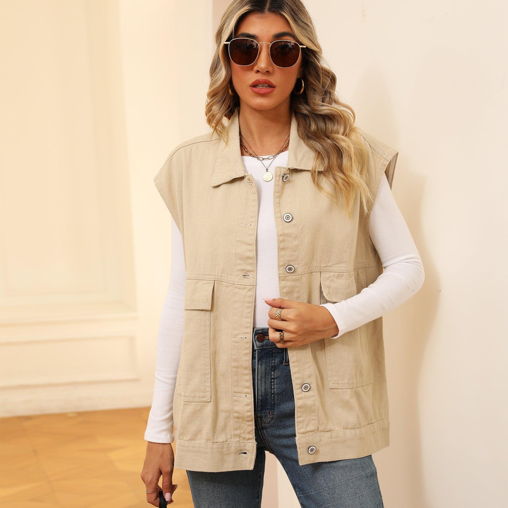 Denim Vest With Big Pockets Fashion Sleeveless Outwear Vest For Womens Clothing - J Micheal