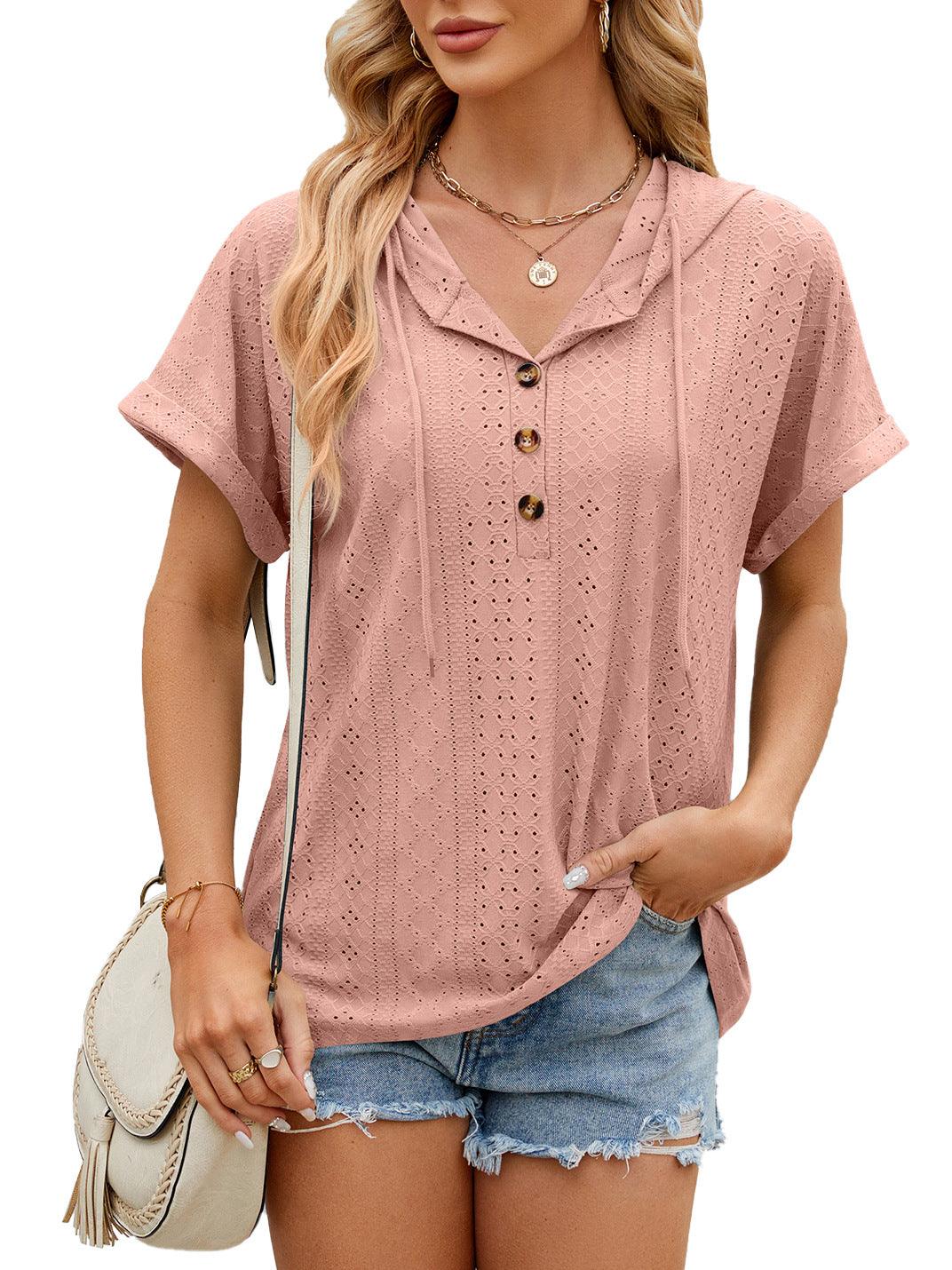 New Solid Color Hooded Button T-shirt Loose Hollow Design Short-sleeved Top For Womens Clothing - J Micheal