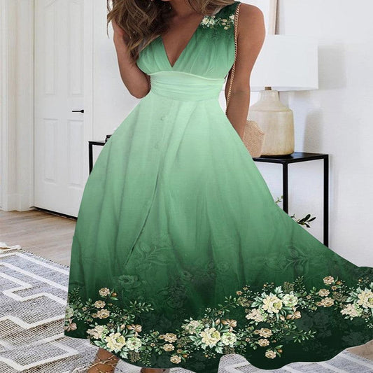 Summer New V-neck Fashion Digital Printing Maxi Dress - J Micheal