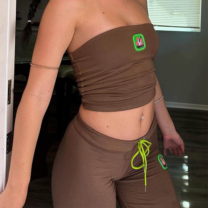 Fashion Summer Suit Embroidery Tube Top And High Waist Drawstring Bell-bottomed Pants Two-piece Set Womens Clothing - J Micheal
