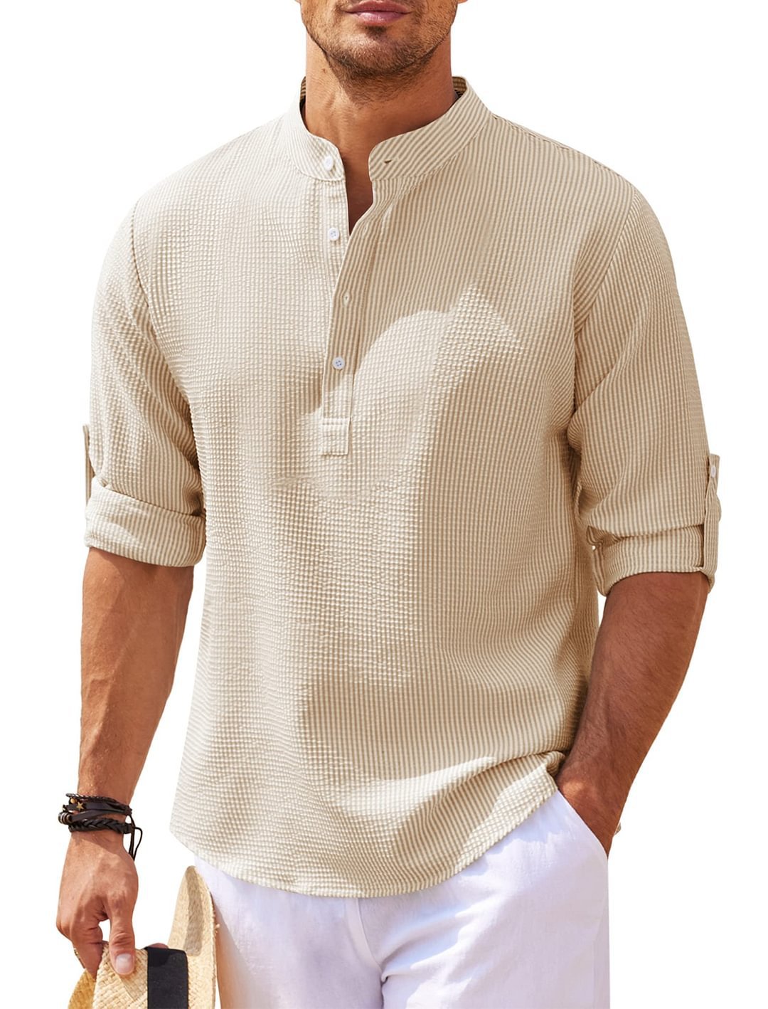 Men's Casual Shirt Long Sleeve Stand Collar Solid Color Shirt Mens Clothing - J Micheal