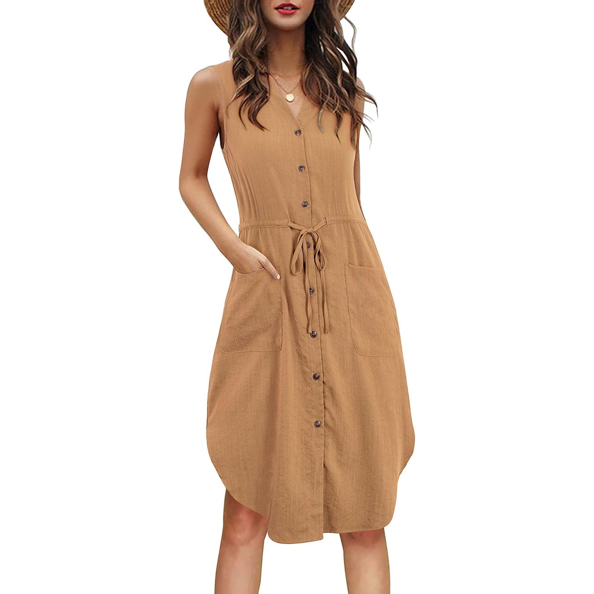 Sleeveless V-neck Buttoned Dress With Pockets Fashion Casual Waist Tie Design Summer Dress Womens Clothing - J Micheal