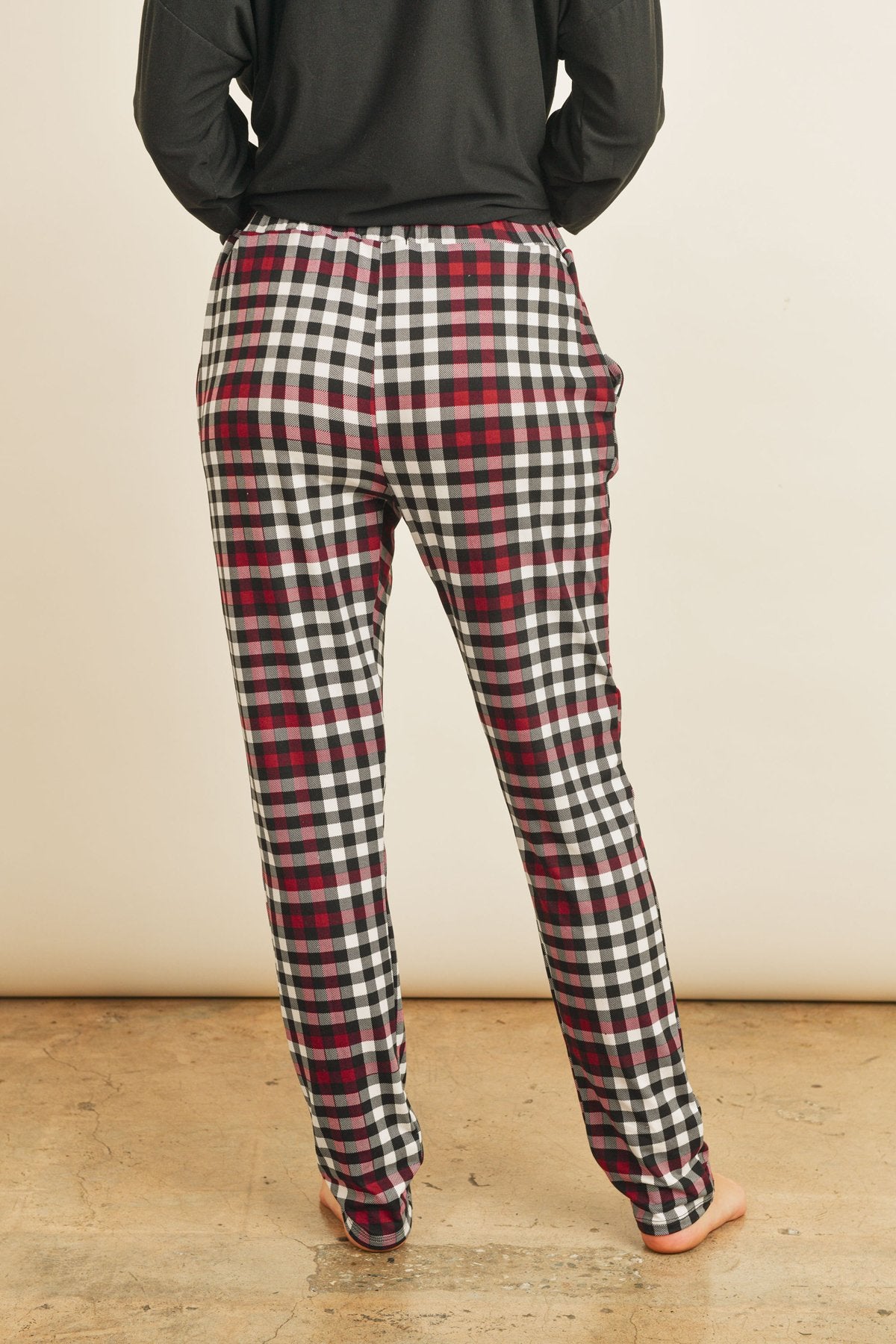 Solid Top Plaid Pocket and Joggers Set With Self Tie - J Micheal