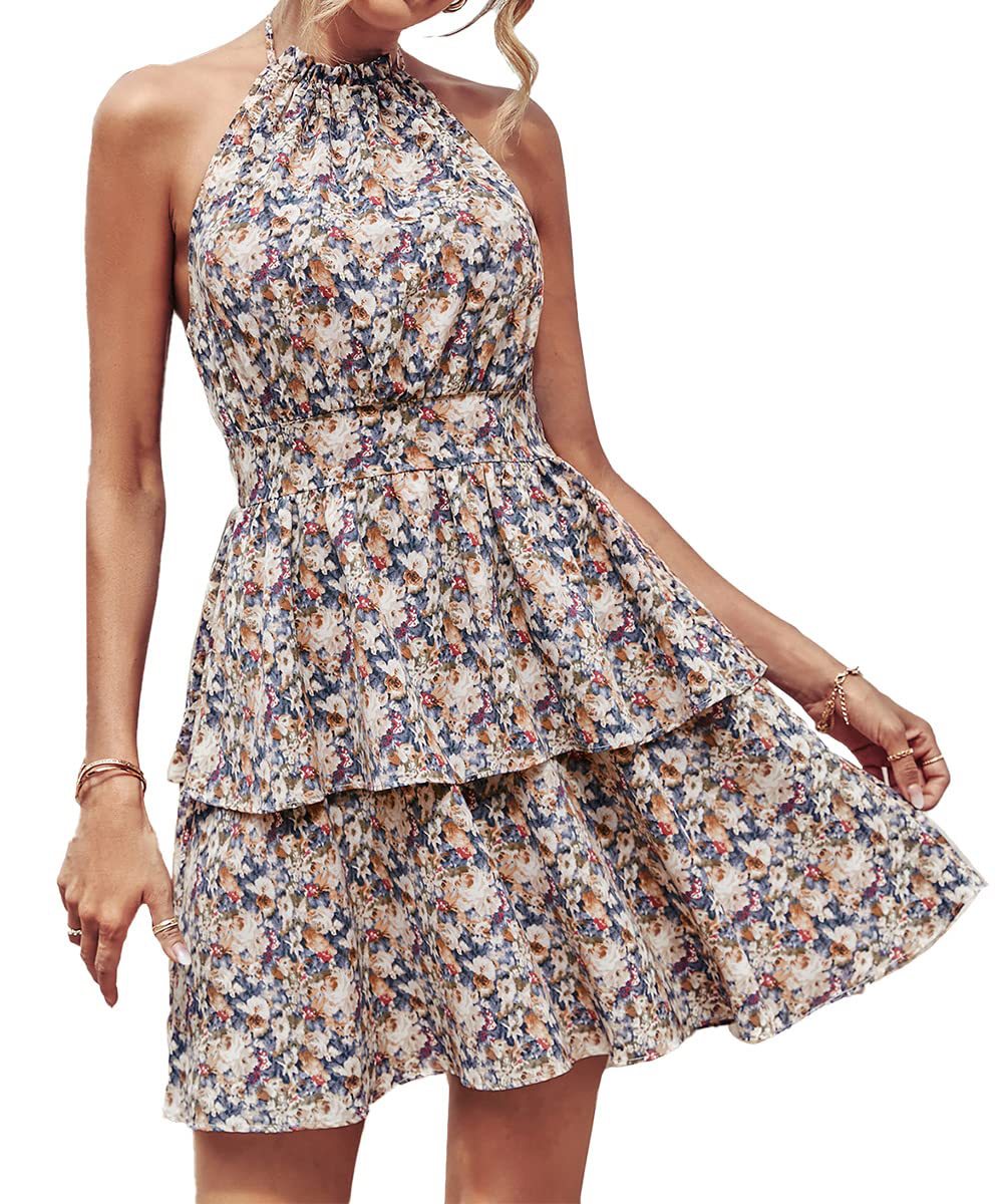 Summer Printed Halter Dress Fashion Boho Backless Ruffled A-Line Beach Dresses For Womens Clothing - J Micheal