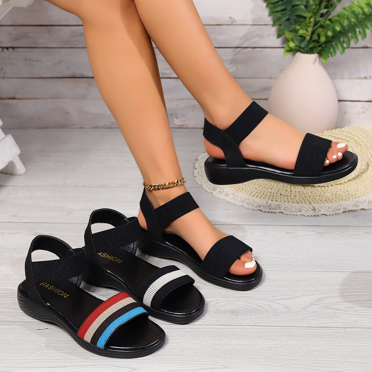 Fashion Color-block Elastic Sandals Summer Fashion Fish Mouth Flat Shoes For Women - J Micheal