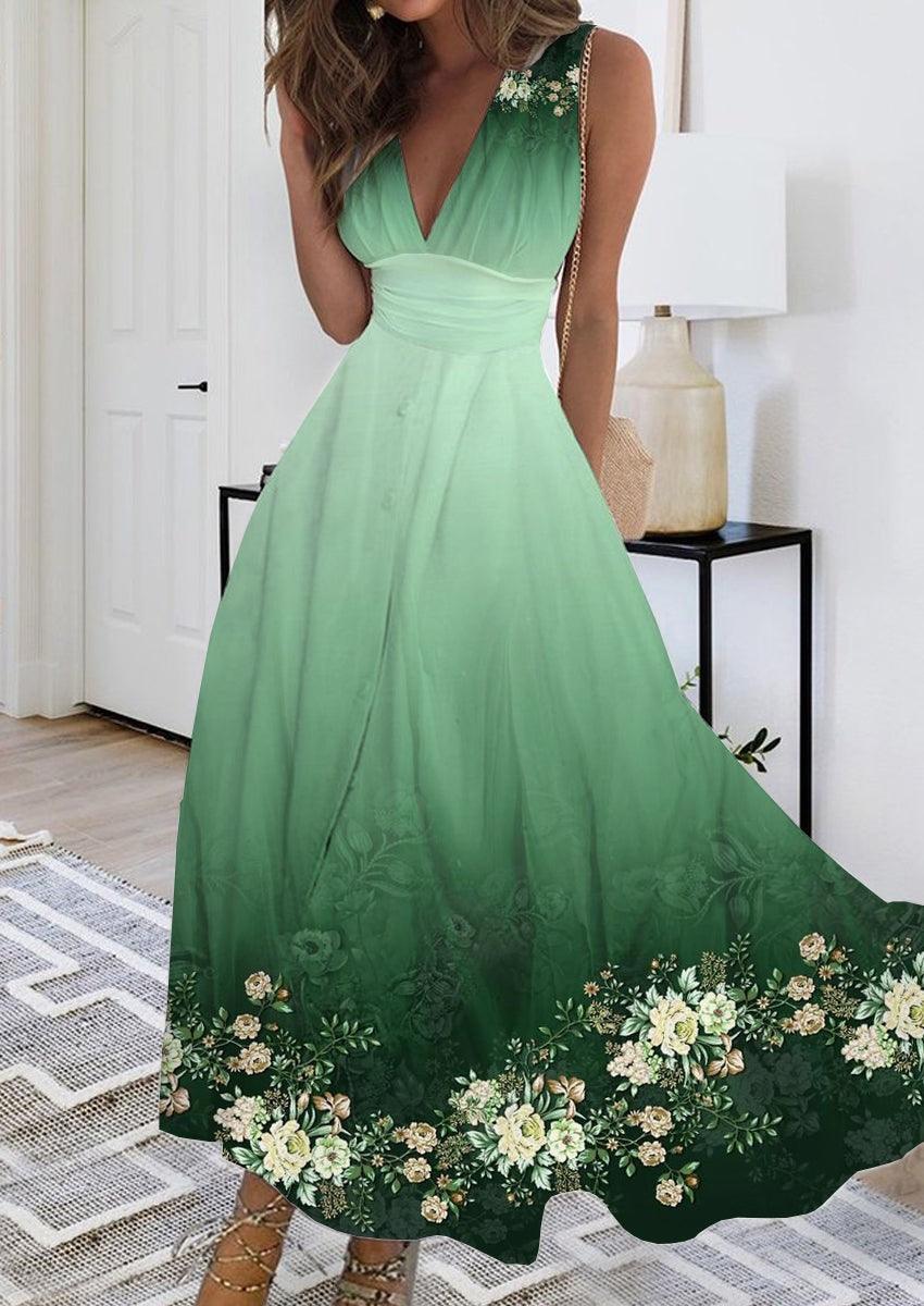 Summer New V-neck Fashion Digital Printing Maxi Dress - J Micheal