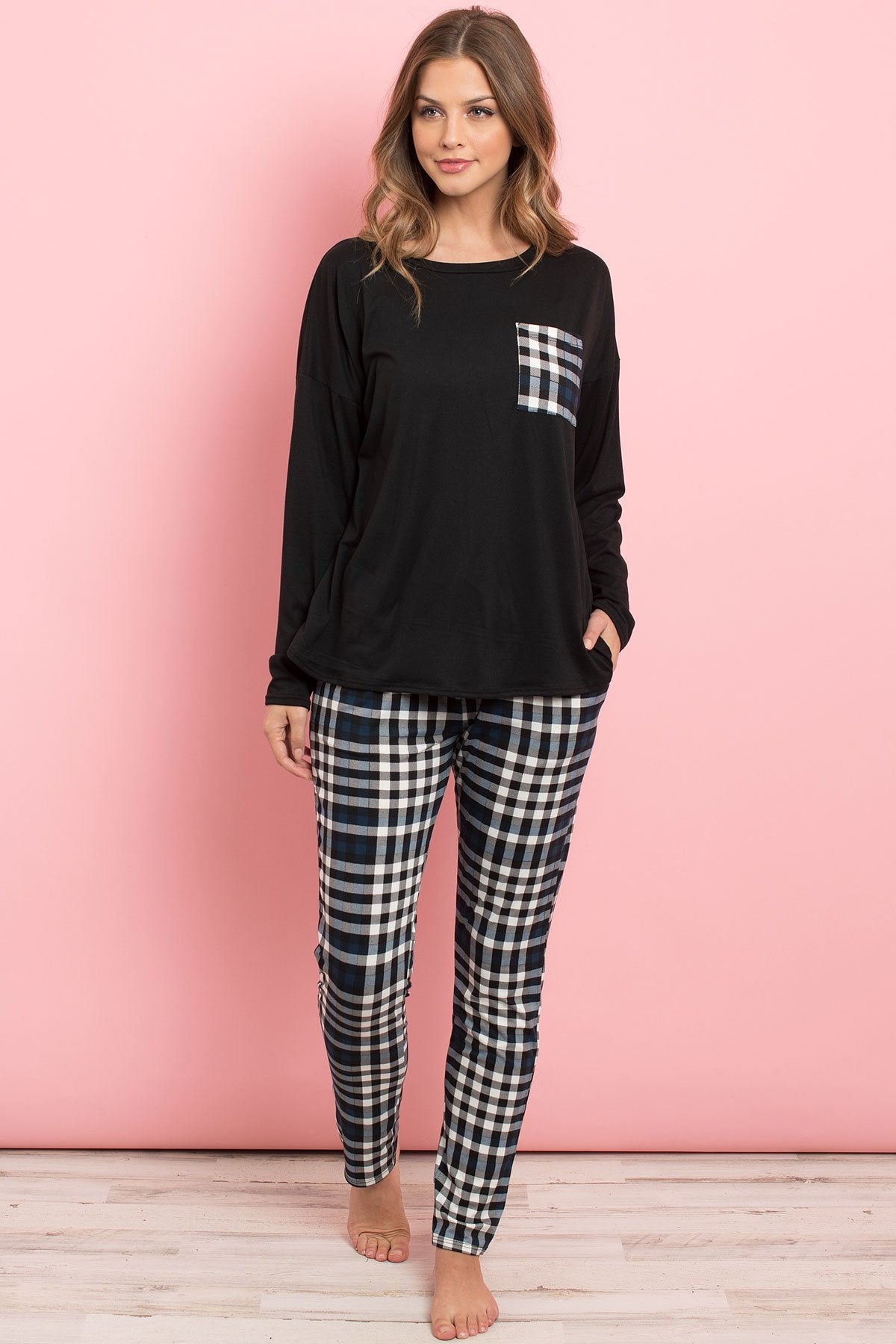 Solid Top Plaid Pocket and Joggers Set With Self Tie - J Micheal