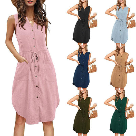 Sleeveless V-neck Buttoned Dress With Pockets Fashion Casual Waist Tie Design Summer Dress Womens Clothing - J Micheal