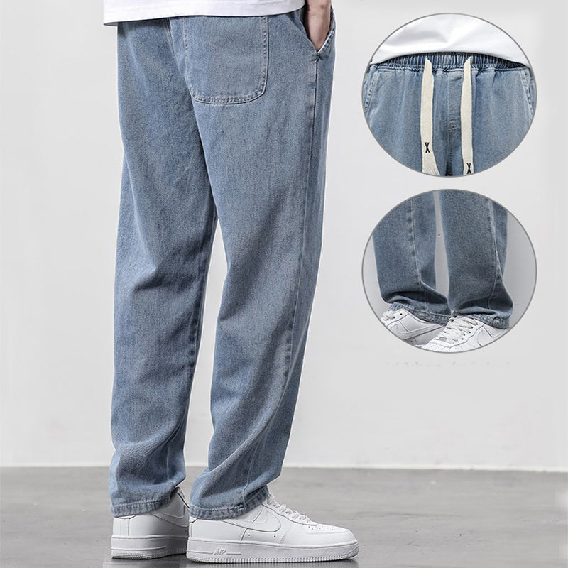 Summer Loose Wide Leg Jeans Pants Men Fashion Drawstring Elasticated Straight Trousers - J Micheal