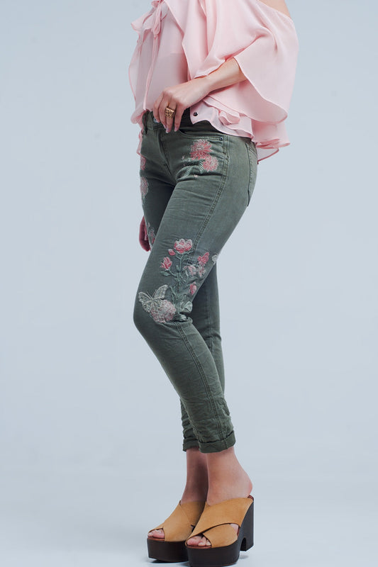 Khaki Jeans With Embroidered Flower - J Micheal
