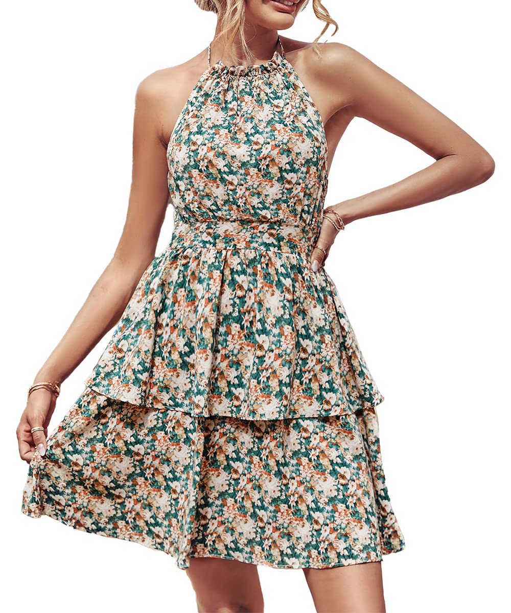 Summer Printed Halter Dress Fashion Boho Backless Ruffled A-Line Beach Dresses For Womens Clothing - J Micheal