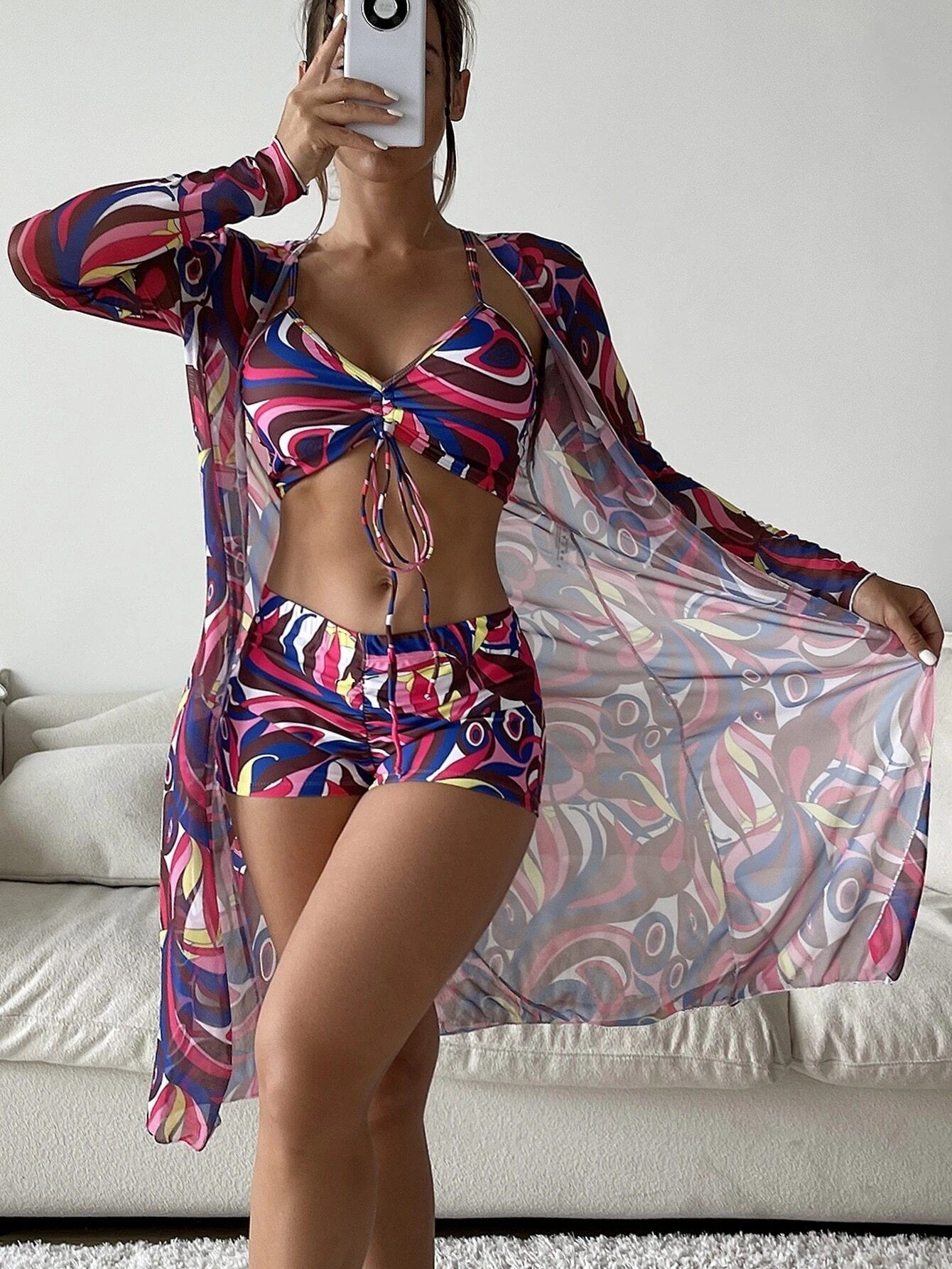3pcs Pring Bikini With Long Sleeve Cardigan Fashion Summer Beach Swimsuit Women - J Micheal