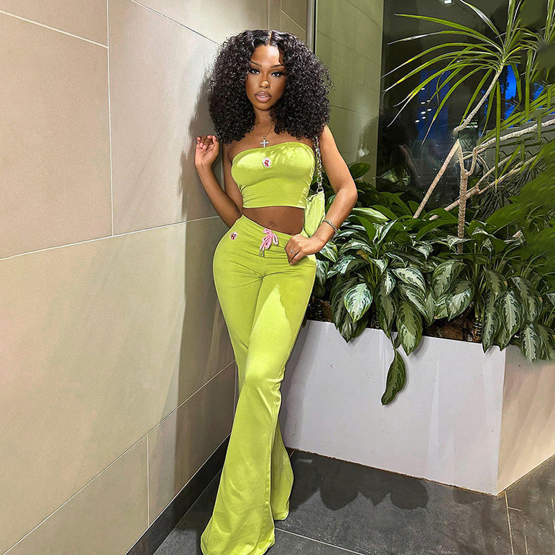 Fashion Summer Suit Embroidery Tube Top And High Waist Drawstring Bell-bottomed Pants Two-piece Set Womens Clothing - J Micheal