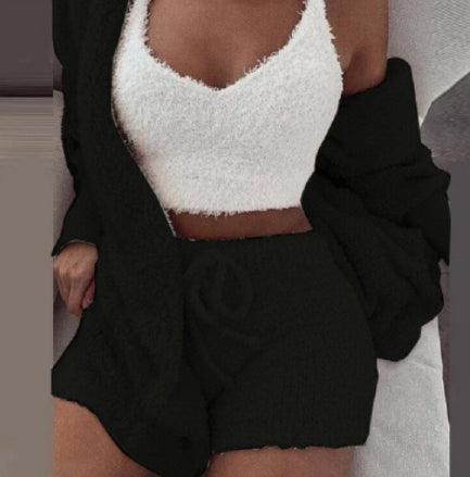 3pcs Womens Clothing Long Sleeve Crop Tank Top And Drawstring Shorts Pajama Set - J Micheal