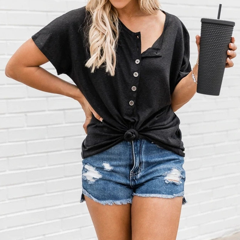 European And American Fashion Women's Irregular Hem Button Short-sleeved T-shirt - J Micheal