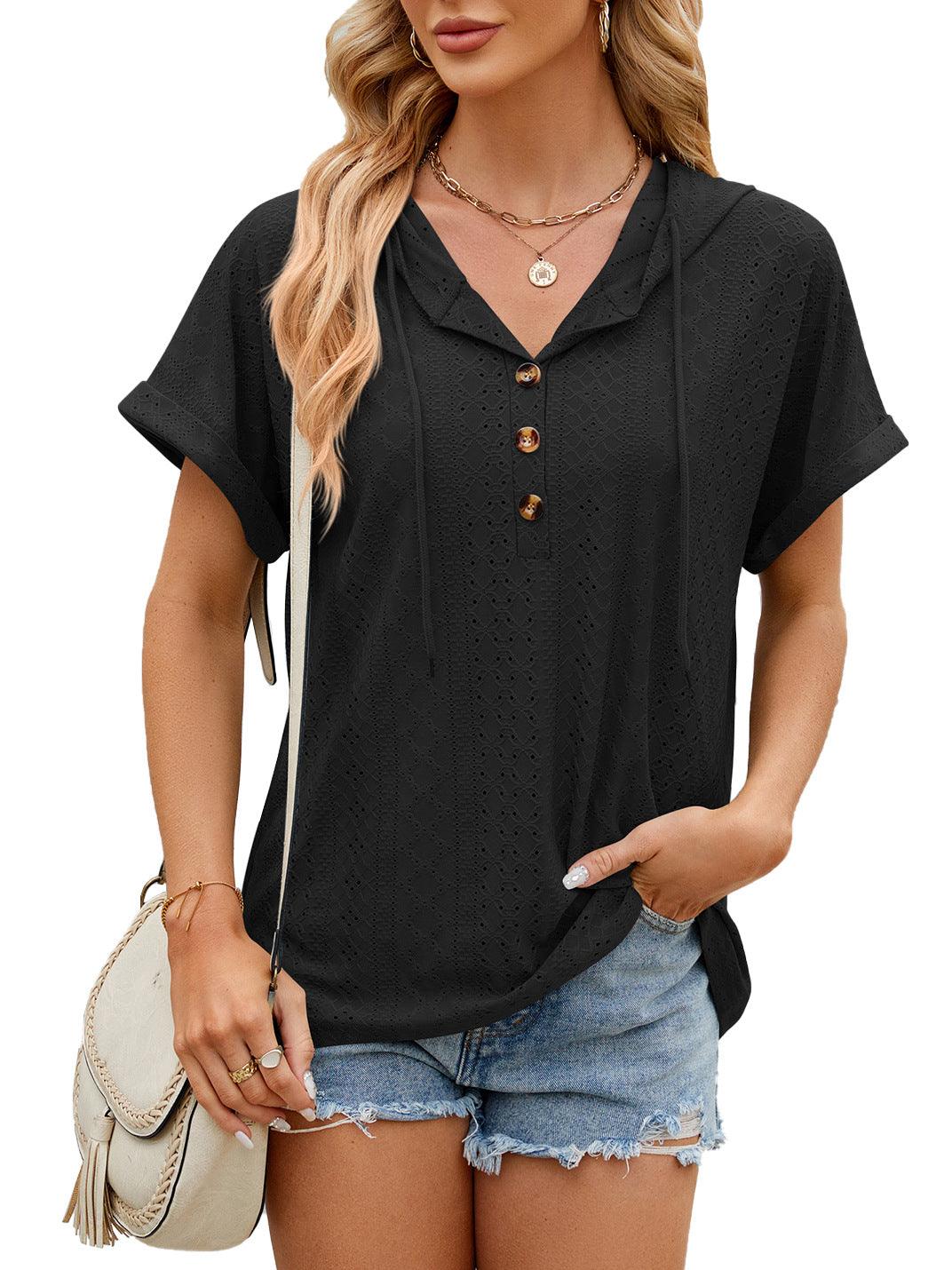 New Solid Color Hooded Button T-shirt Loose Hollow Design Short-sleeved Top For Womens Clothing - J Micheal