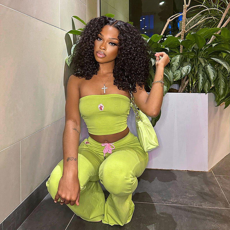 Fashion Summer Suit Embroidery Tube Top And High Waist Drawstring Bell-bottomed Pants Two-piece Set Womens Clothing - J Micheal