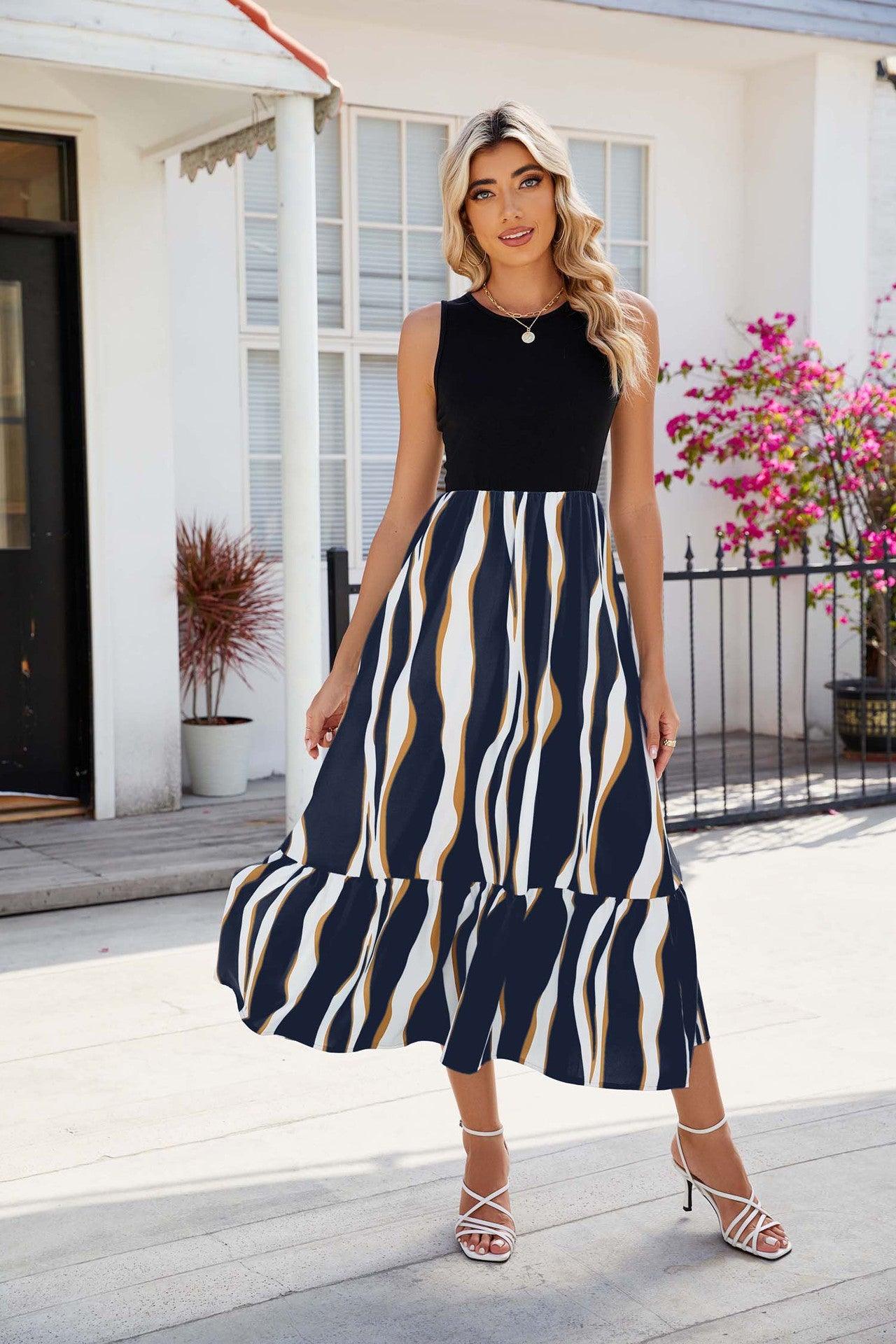 Round Neck Sleeveless Long Dress Summer Fashion Striped Print Dresses Womens Clothing - J Micheal