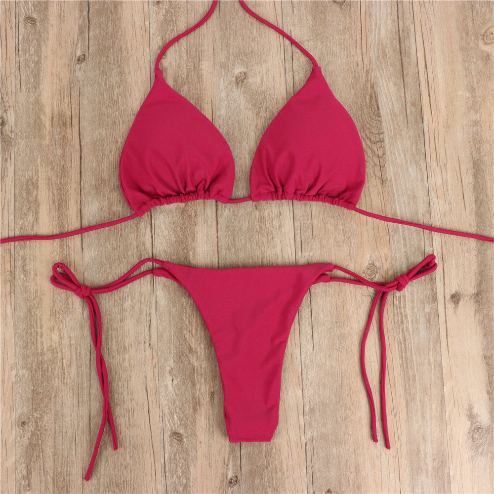 2pcs Halterneck Lace-up Bikini Women Summer Solid Color Sexy Split Strap Adjustable Swimsuit Suit - J Micheal