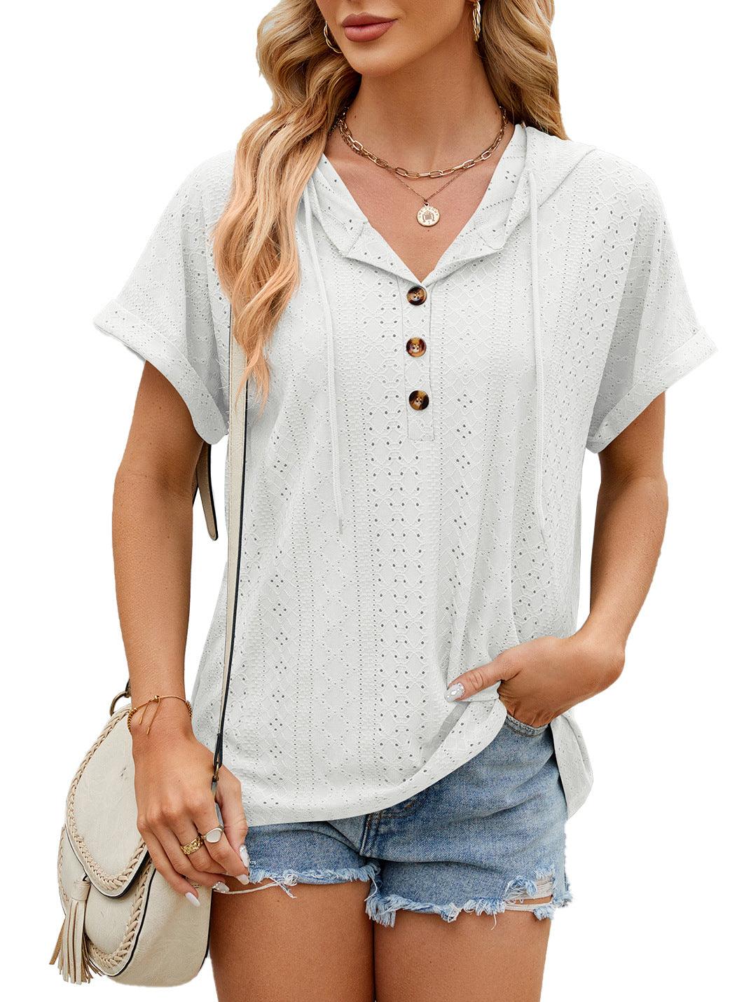 New Solid Color Hooded Button T-shirt Loose Hollow Design Short-sleeved Top For Womens Clothing - J Micheal