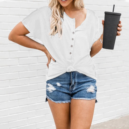 European And American Fashion Women's Irregular Hem Button Short-sleeved T-shirt - J Micheal