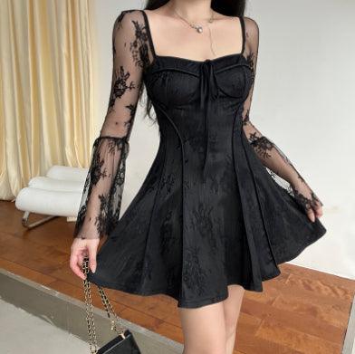 Lace Square Collar Dress Bell-bottom Long Sleeve Tied A- Line Dresses Womens Clothing - J Micheal