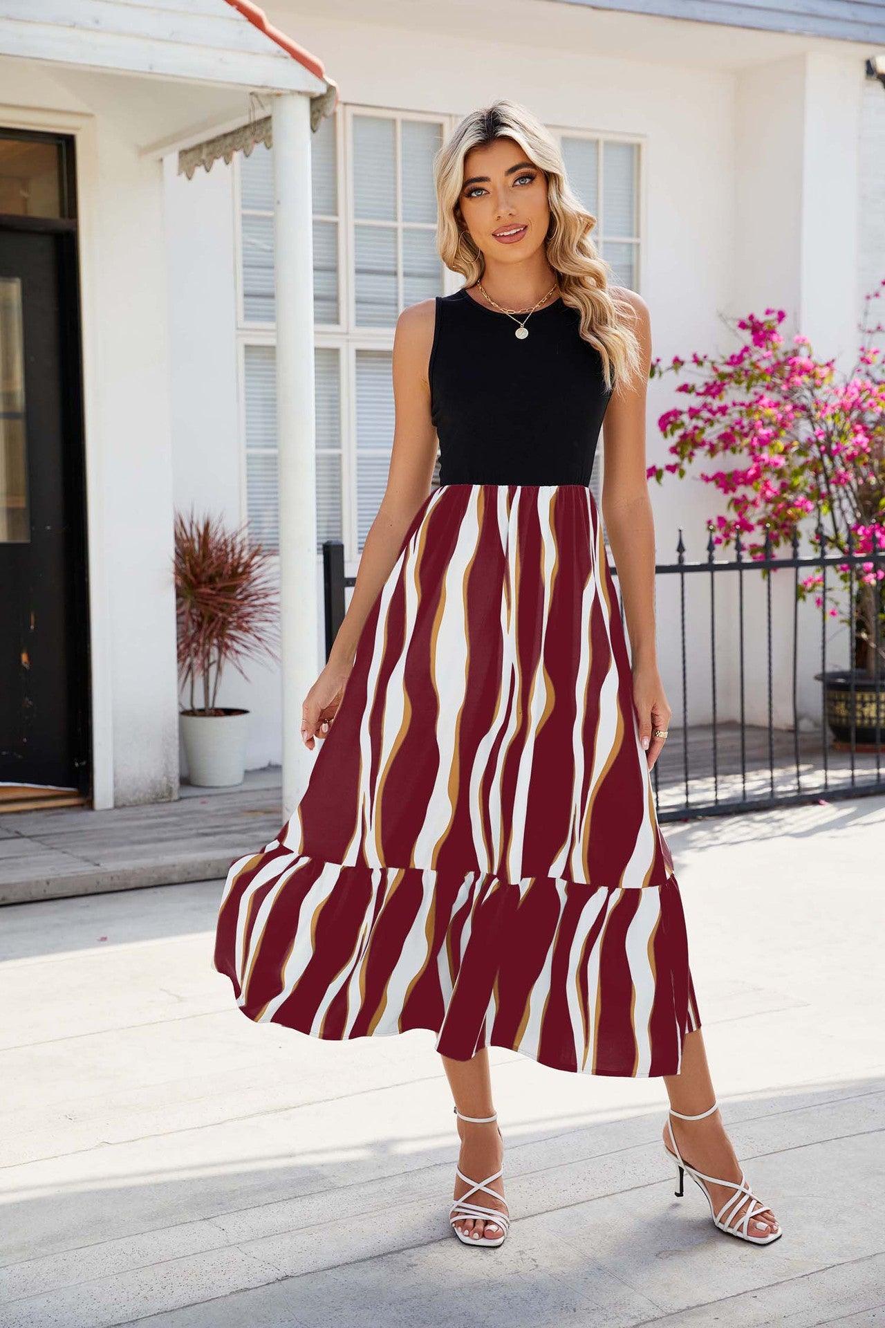Round Neck Sleeveless Long Dress Summer Fashion Striped Print Dresses Womens Clothing - J Micheal