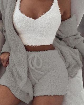 3pcs Womens Clothing Long Sleeve Crop Tank Top And Drawstring Shorts Pajama Set - J Micheal