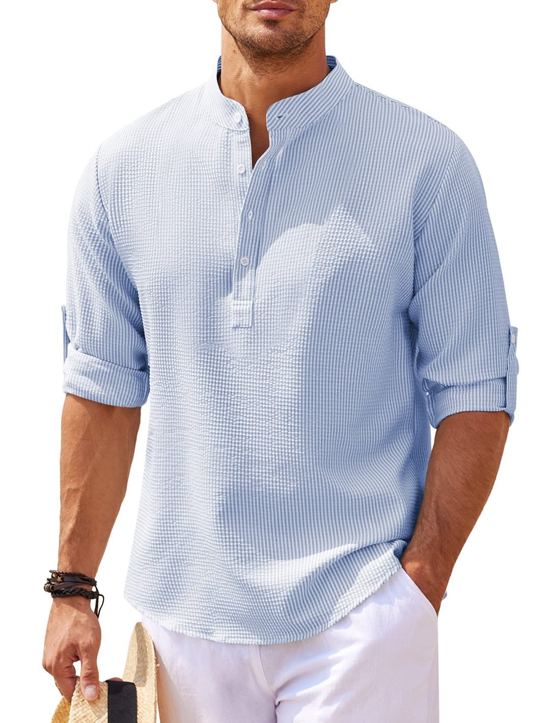 Men's Casual Shirt Long Sleeve Stand Collar Solid Color Shirt Mens Clothing - J Micheal