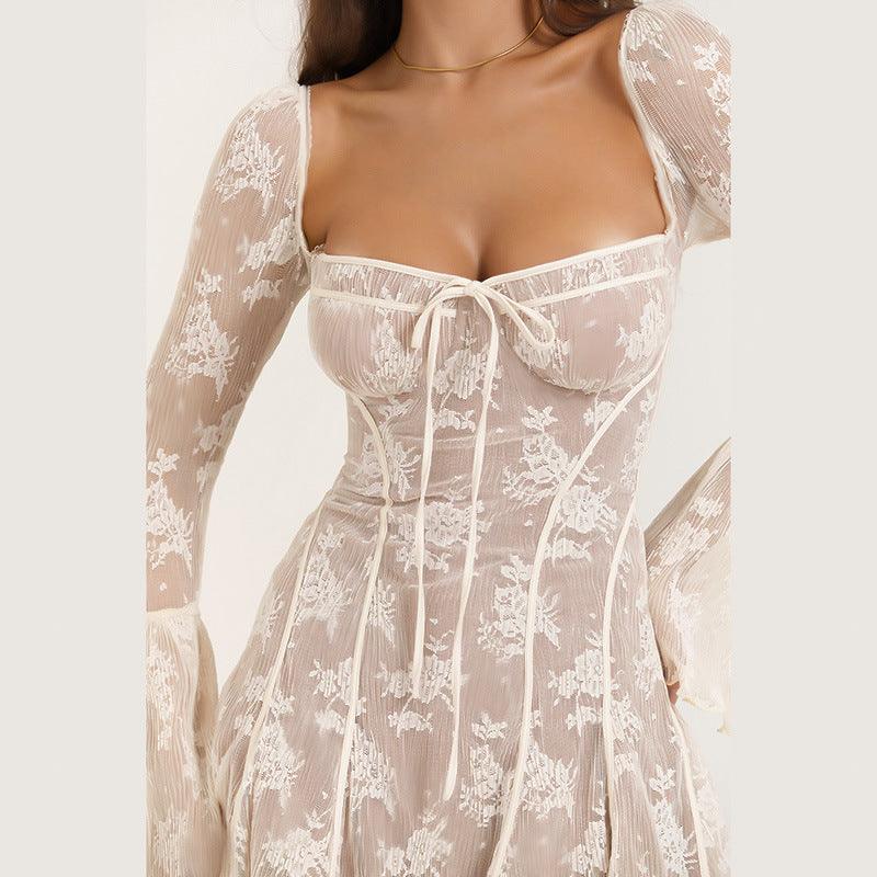 Lace Square Collar Dress Bell-bottom Long Sleeve Tied A- Line Dresses Womens Clothing - J Micheal