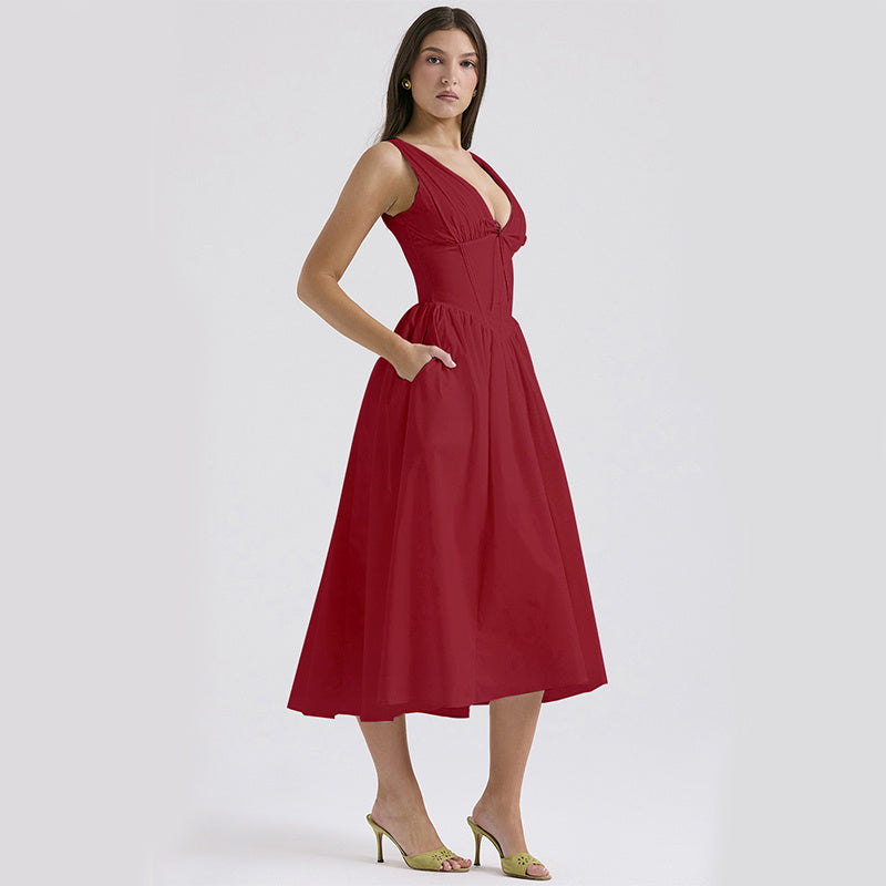 V-neck A-line Dress Summer Pleated Floral Print Tight Waist Swing Dresses With Pockets Womens Clothing - J Micheal